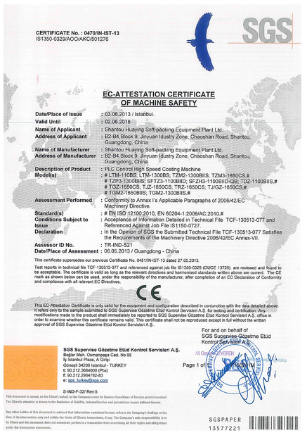 China Huaying Soft-packing Equipment Plant Ltd. certification